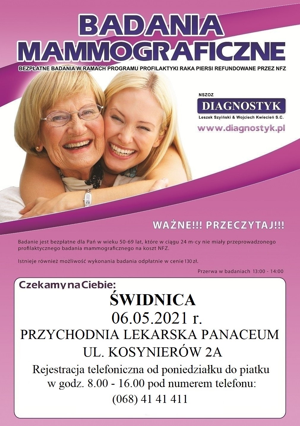 Plakat promujący badania mammograficzne w Świdnicy
