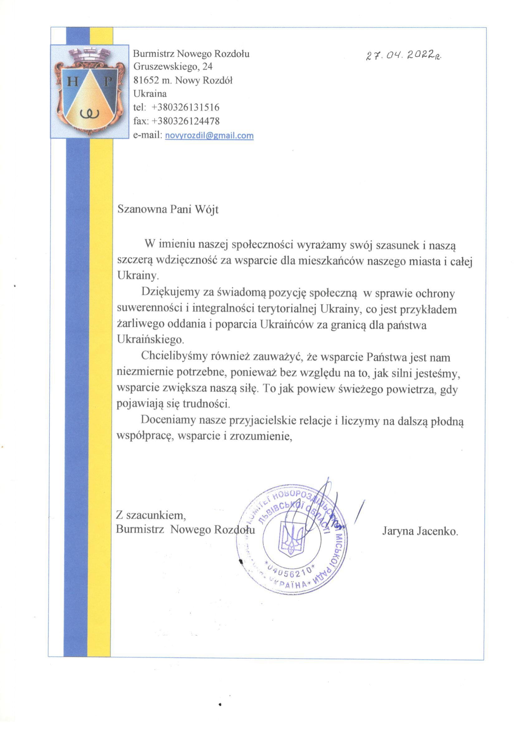 Wójt Izabela Mazurkiewicz otrzymała list z podziękowaniem za przekazane dary od burmistrz Nowego Rozdołu Jaryny Jacenko