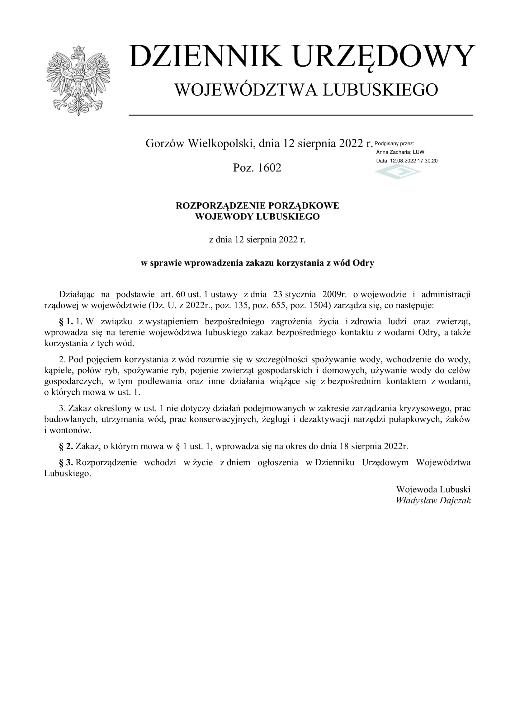 Rozporządzenie Wojewody Lubuskiego w sprawie wprowadzenia zakazu korzystania z wód Odry
