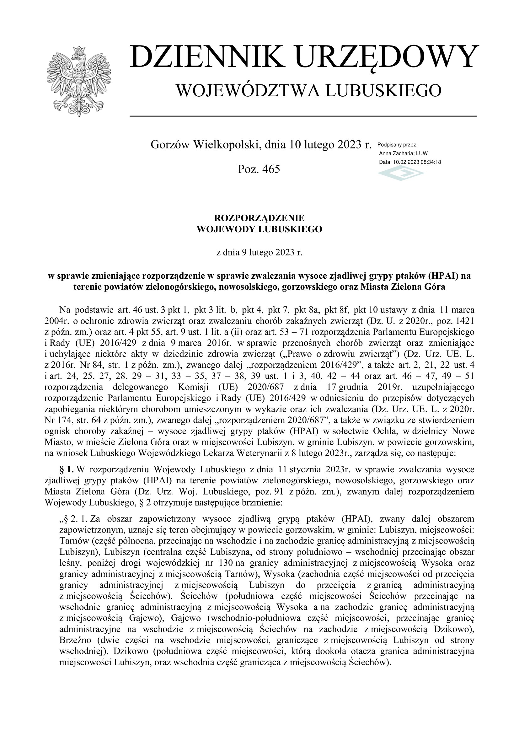Rozporządzenie Wojewody z dnia 9 lutego 2023 r. w sprawie ptasiej grypy